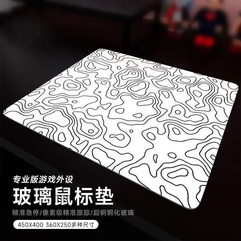 Black White Topographic Map Glass Gaming Mouse Pad Smooth Frosted Surface Desk Mat Tempered Upgrade FPS Office Mousepad Esports