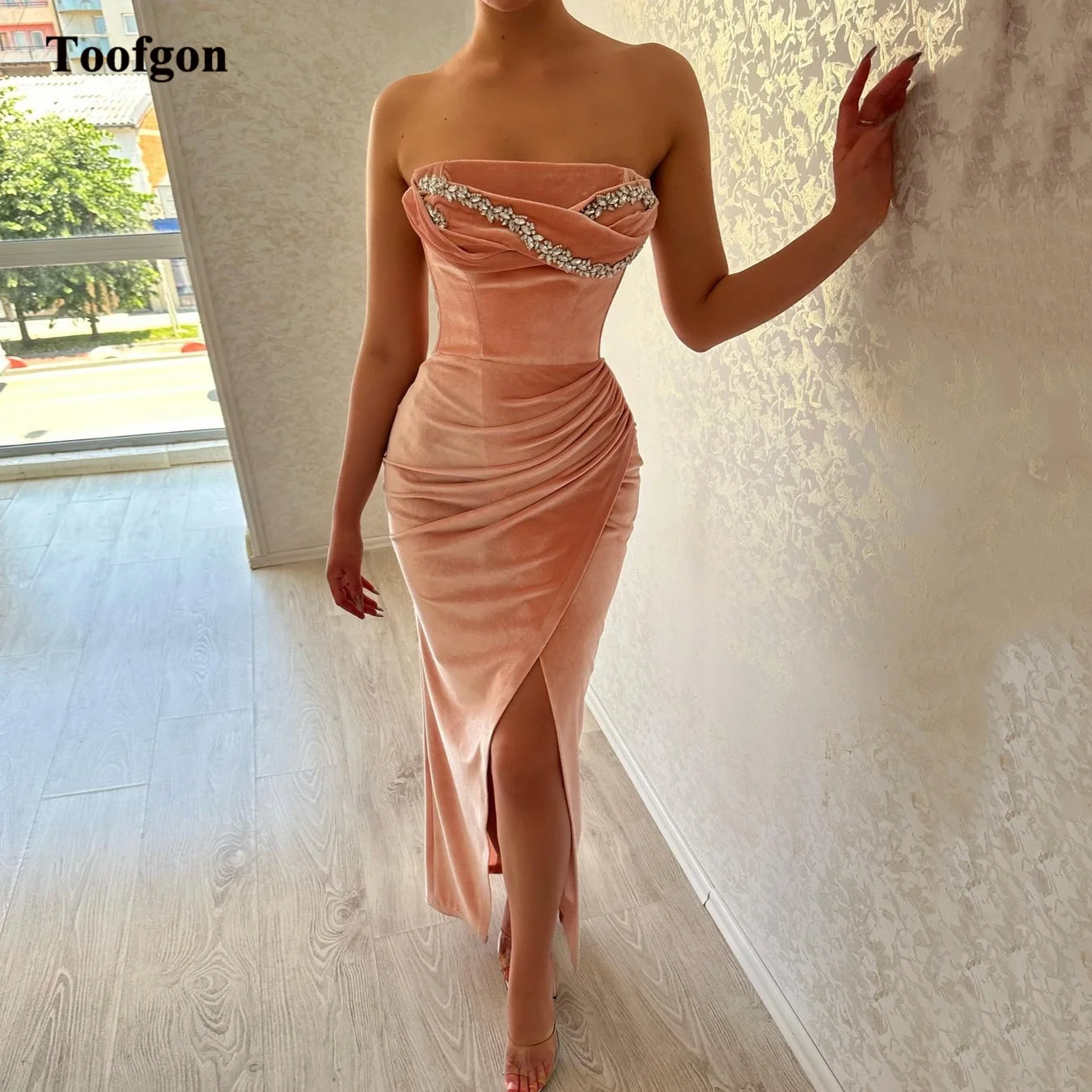 

Toofgon Mermaid Velvet Evening Dresses Crystal Strapless Split Women Fishtail Formal Prom Gowns Pleat Pageant Party Dress 2024