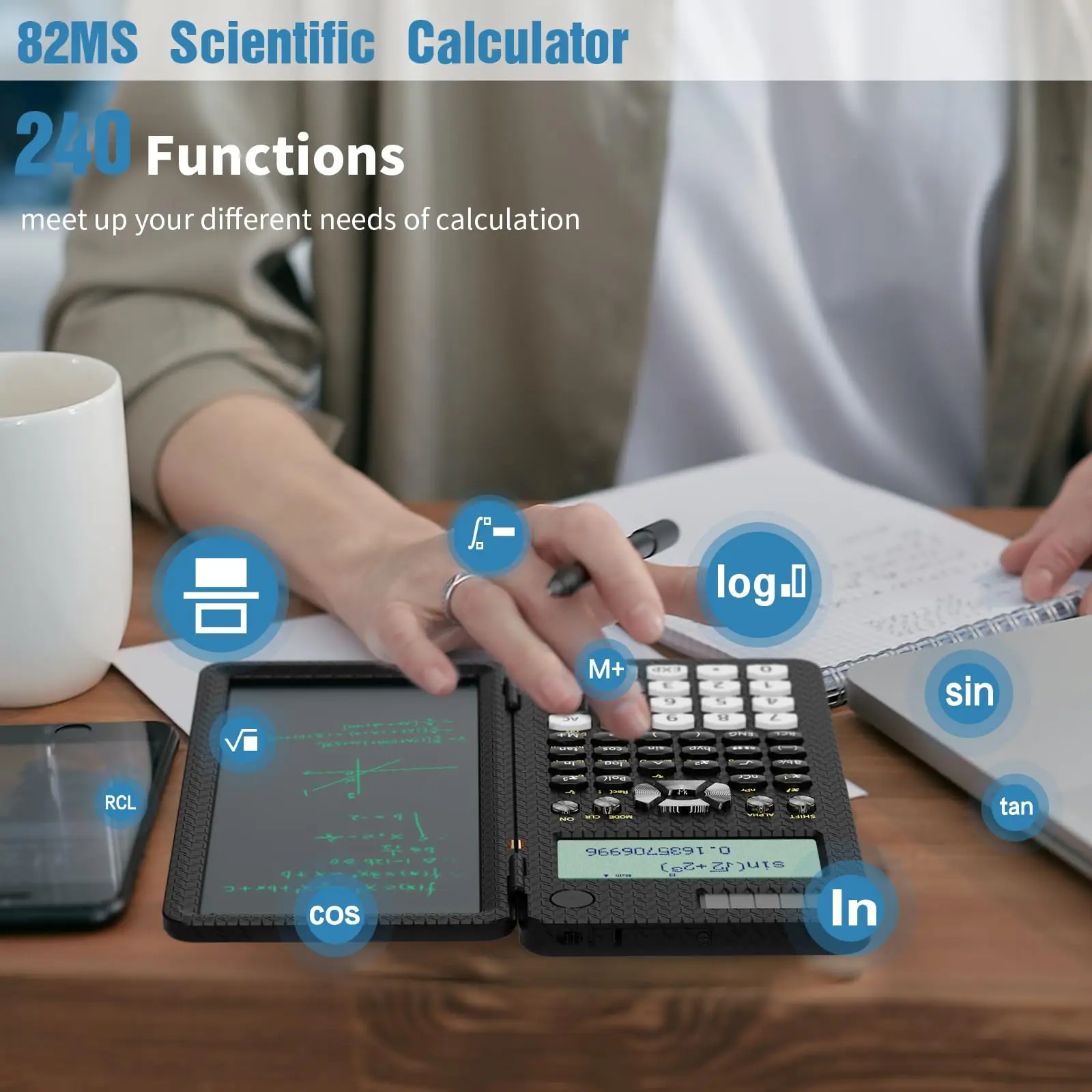 Scientific Calculator with Notepad 82 MS Foldable 2-Line Display Science Calculator with Writing Tablet Solar Middle High School