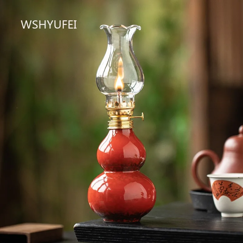 Fortune and Prosperity Ceramic Kiln Transformed Gourd Pastry Oil Lamp Household Lamp Decoration Chinese Tea Room Long Lit Lamp