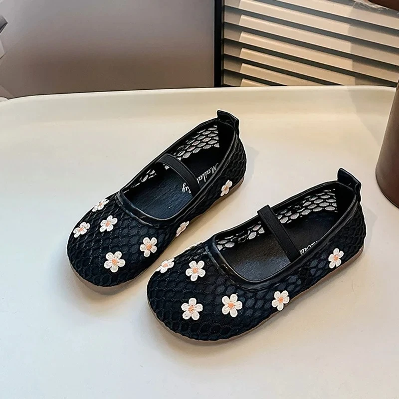 Floral Embroidery Lace Ballerina Shoes Kid Girls Soft Elastic Band Mesh Ballet Flats Baby Child Summer Breathable Net Shoes