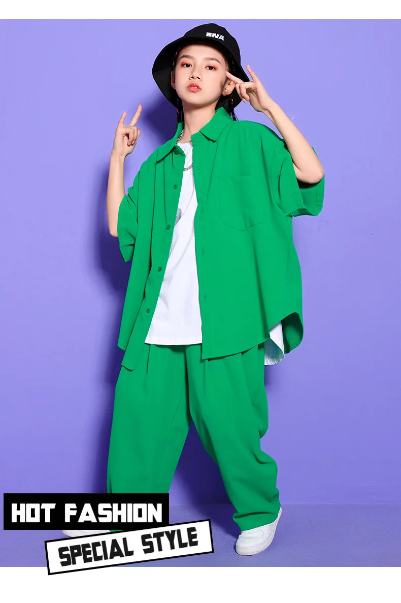 طفل الهيب هوب الملابس الخضراء المتضخم قميص قصير الأكمام أعلى تانك الشارع الشهير السراويل الفضفاضة لفتاة صبي ملابس رقص الجاز الملابس