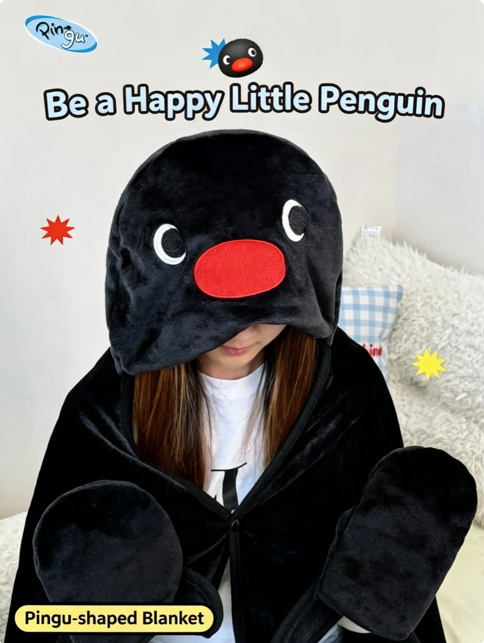 Cute PINGU Penguin Pullover Hooded Wearable Blanket All Season Plush Throw Blanket for Office Nap Dorm Cozy Practical Birthday H