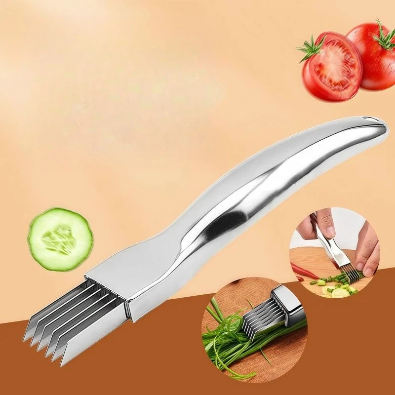 مفرمة طعام سريعة، بصل أخضر، سكين بصل أخضر مفروم من الفولاذ المقاوم للصدأ، سكين حرير أجاد المطبخ، تصميم مقبض منحني #1