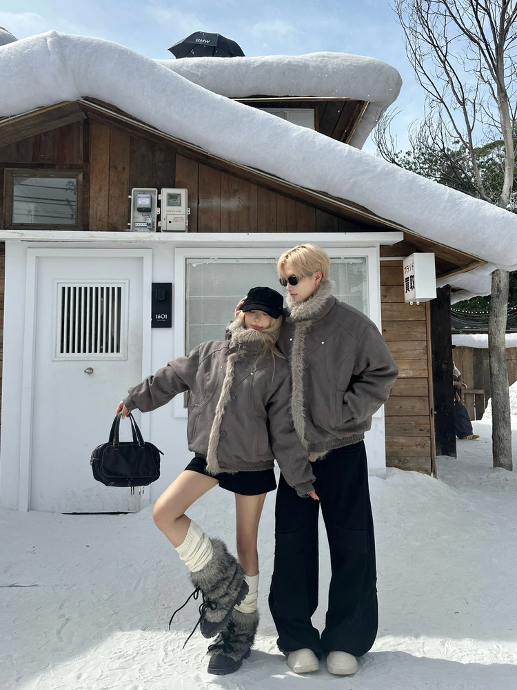 

Thiened Cotton Jaet with Large Fur Collar Couples Sle Suede Outer Soft Warm Long Sve Zipper Closure Youth Faion