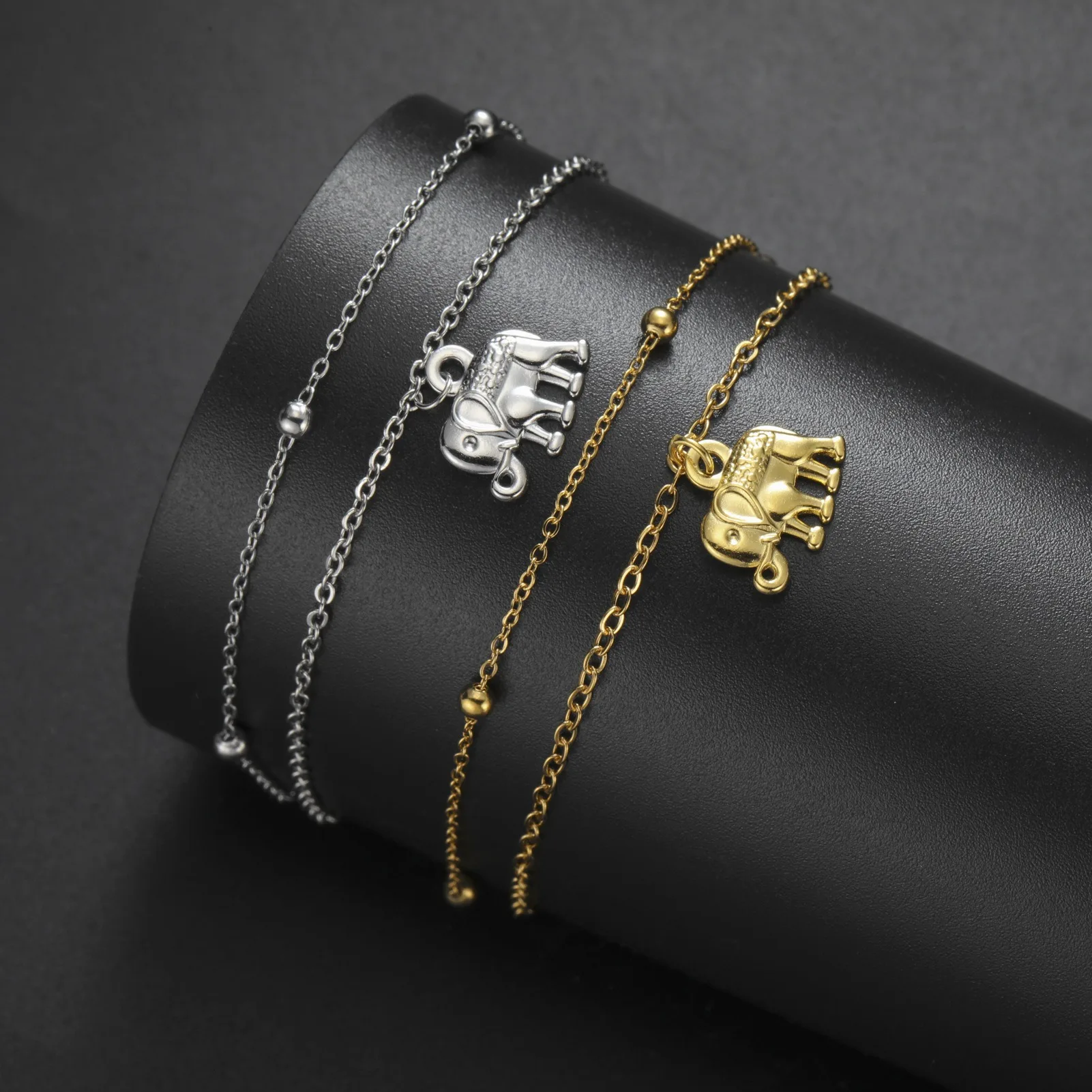 Lucky Mascot Elephant Charm Bracelet Stainless Steel Double-layer Chain Trendy Ethnic Africa Animal Jewelry for Women Men Gift