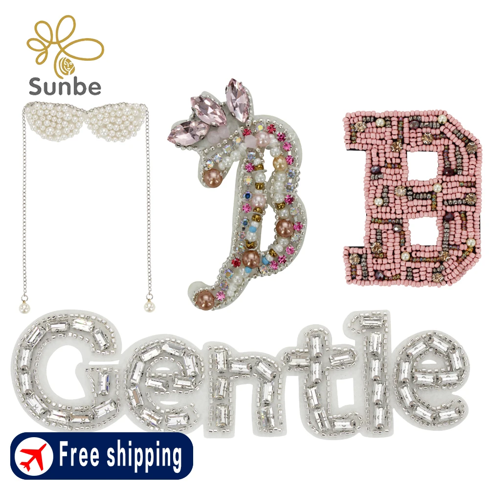 Beaded Letter Patches Pearl Rhinestones Crown Alphabet Patches English Letter DIY Repair Embroidered Appliques Sew on Badge