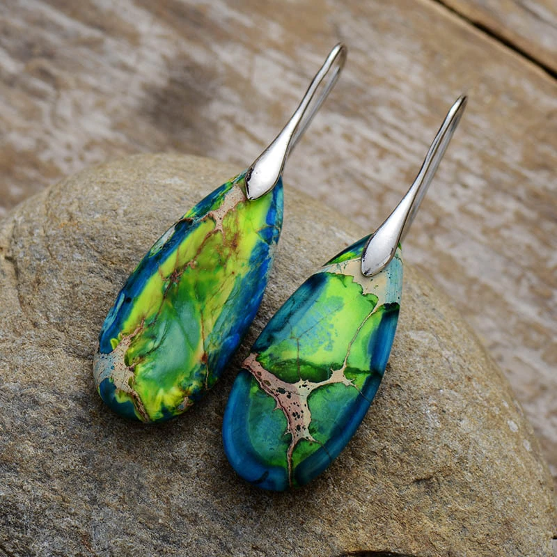 European and American Bohemian Style Imperial Stone Droplet Pendant Earrings Women Natural Stone Jewelry Personalized Earrings