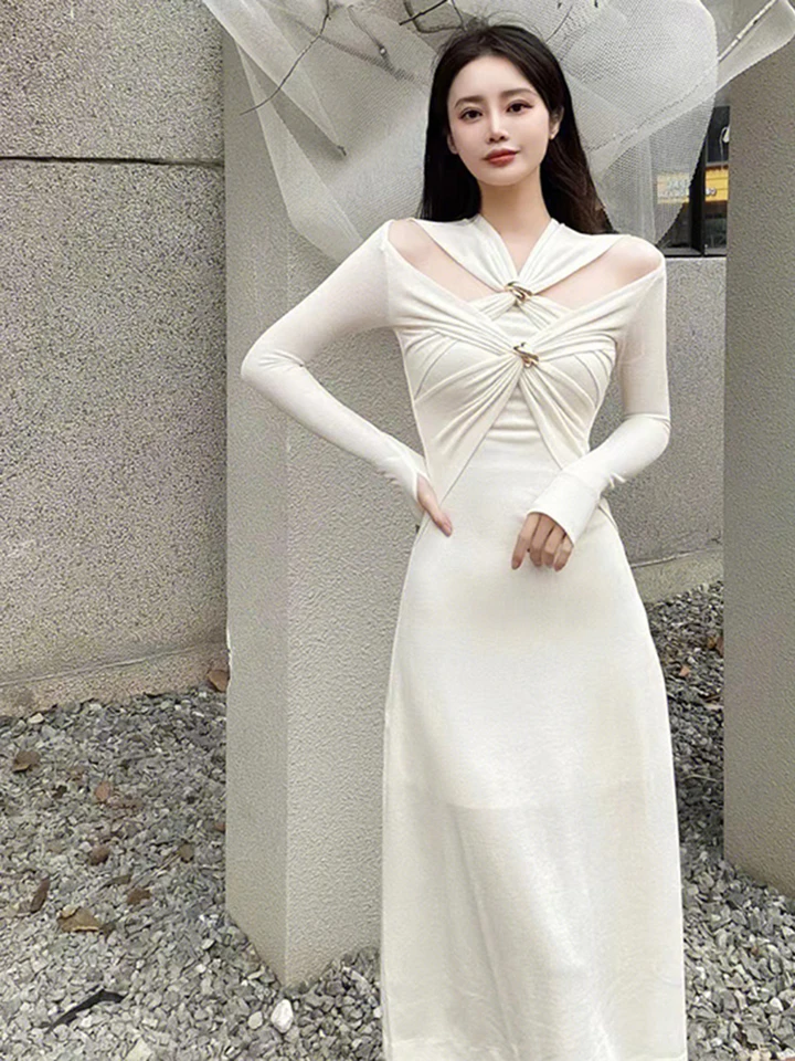 knee length dresses for ladies White V-Neck Long Sleeve Fit & Flare Midi Dress