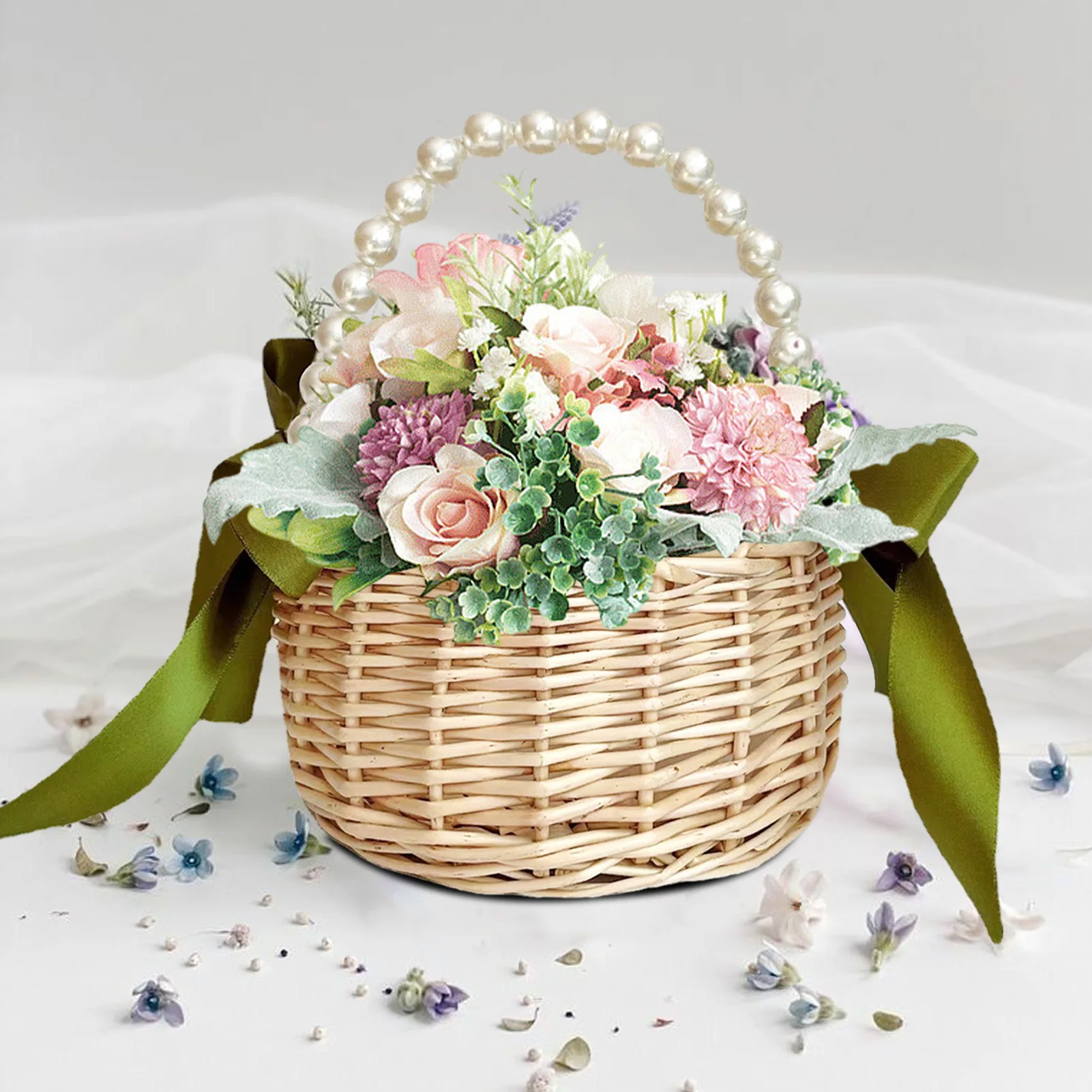 Handmade Pearl Handheld Flower Basket Willow Weaving Hand Gift Baskets Flower Arrangement For Home Wedding