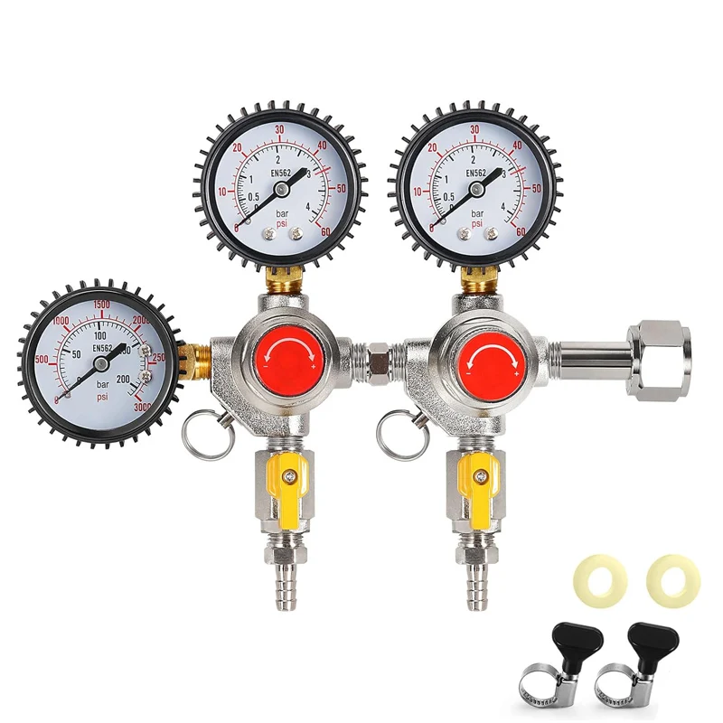 

Dual Gauge Co2 Regulator,0-60 PSI x CGA320 Inlet Kegerator Beer Pressure Regulator with 2 pcs Hose Clips
