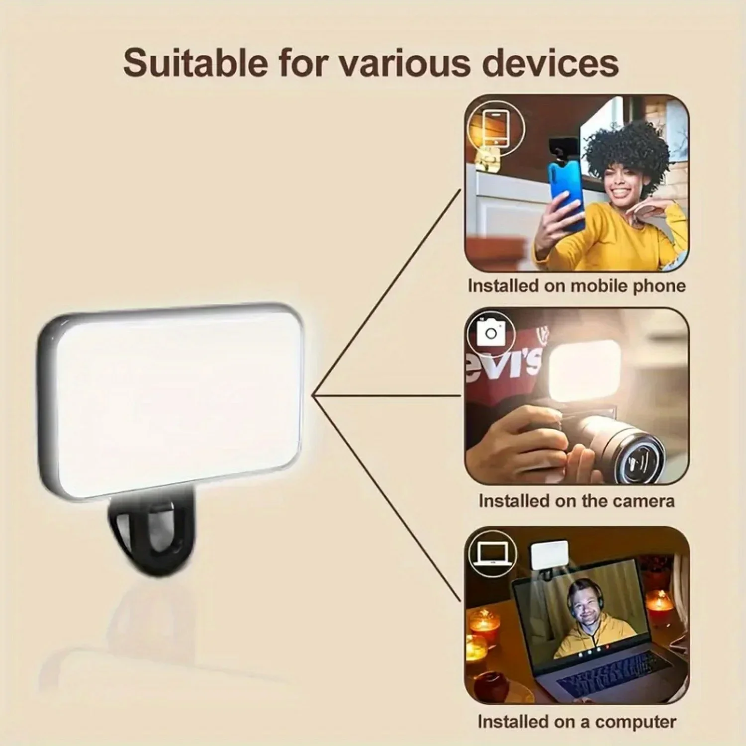 Protable LED Selfie Light Plus Adjustable Brightness Clip-On Phone Camera Rechargeable Fill Light for Mobile Phones Computers