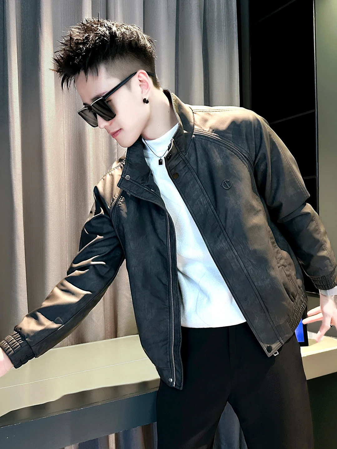 

Casual Men's Leather Jaet Dyeing Trendy Brand Leisure Upper Body PU Leather Spring Autumn Jaet Haome Deconstructed Coat