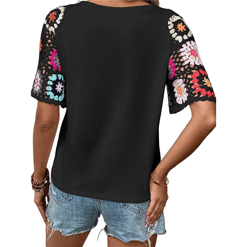 

ABRT-Womens Shirts Floral Crochet Short Sleeve Crewneck Shirt Casual Pullover Blouse Summer Tops