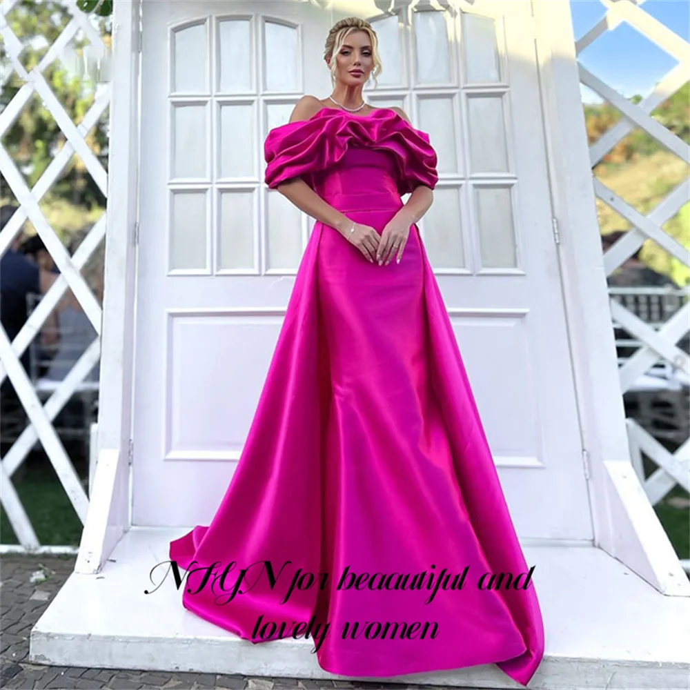 

NFYN Fuchsia Satin Evening Dress For Party Off the Shoulder Sleeves Pleats Mermaid Prom Gowns Celebrity Dress Customized