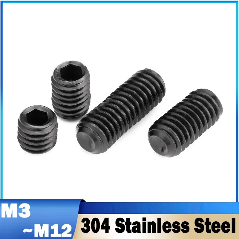 Black 304 Stainless Steel Hexagon Socket Set Screws with Flat Point M3 M4 M5 M6 M8 M10 M12 Allen Drive Headless Screws