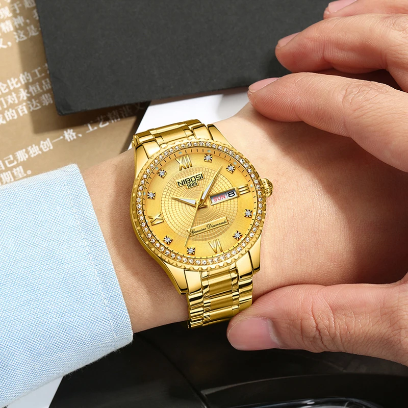 NIBOSI Top Brand Luxury Gold Quartz coppia orologio per uomo e donna in acciaio inossidabile impermeabile settimana data Fashion Lover orologio da polso