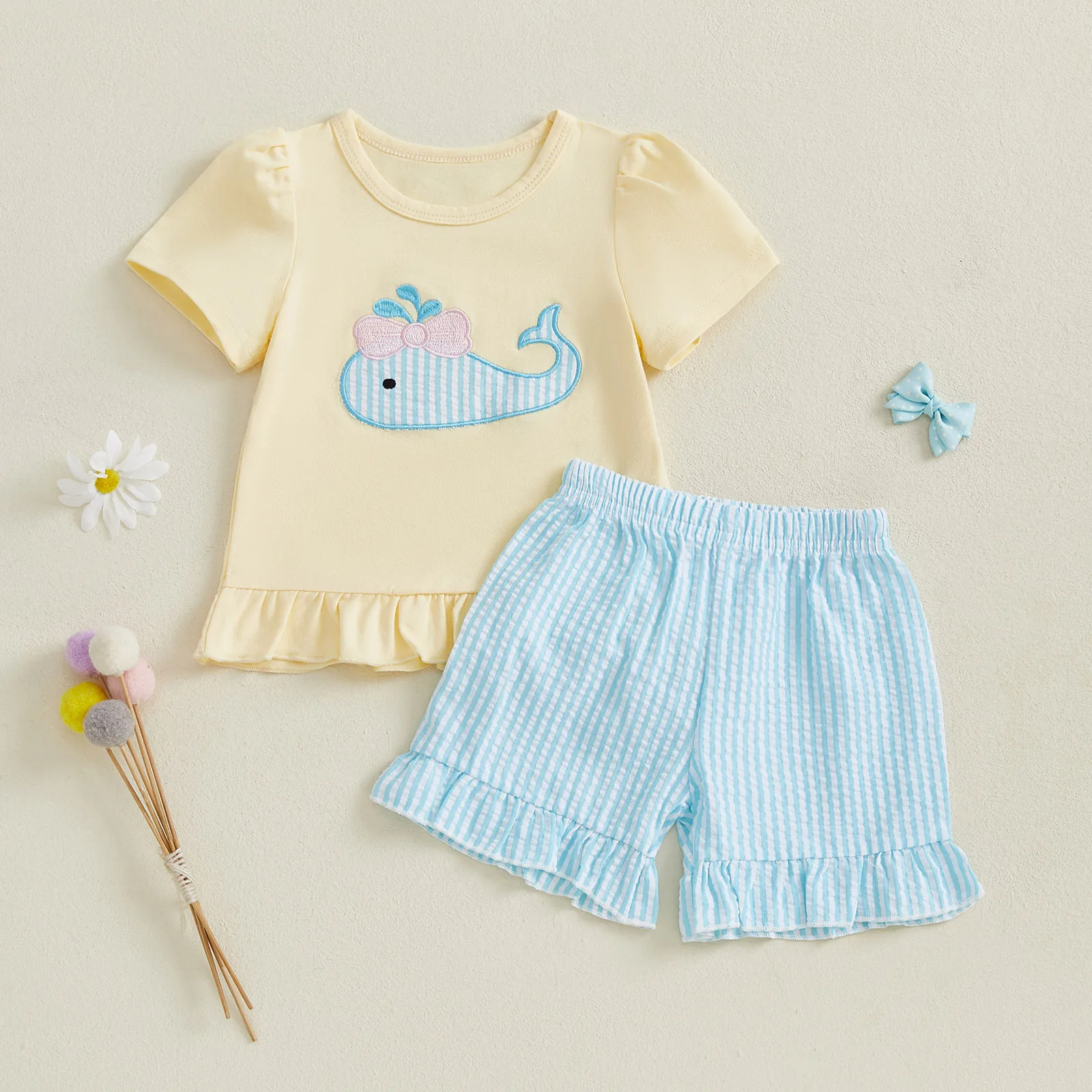 

2025-05-14 Lioraitiin Toddler Girl Summer Outfits Whale Embroidered Short Sleeve O-Neck T-Shirt Plaid Print Ruffled Shorts Set