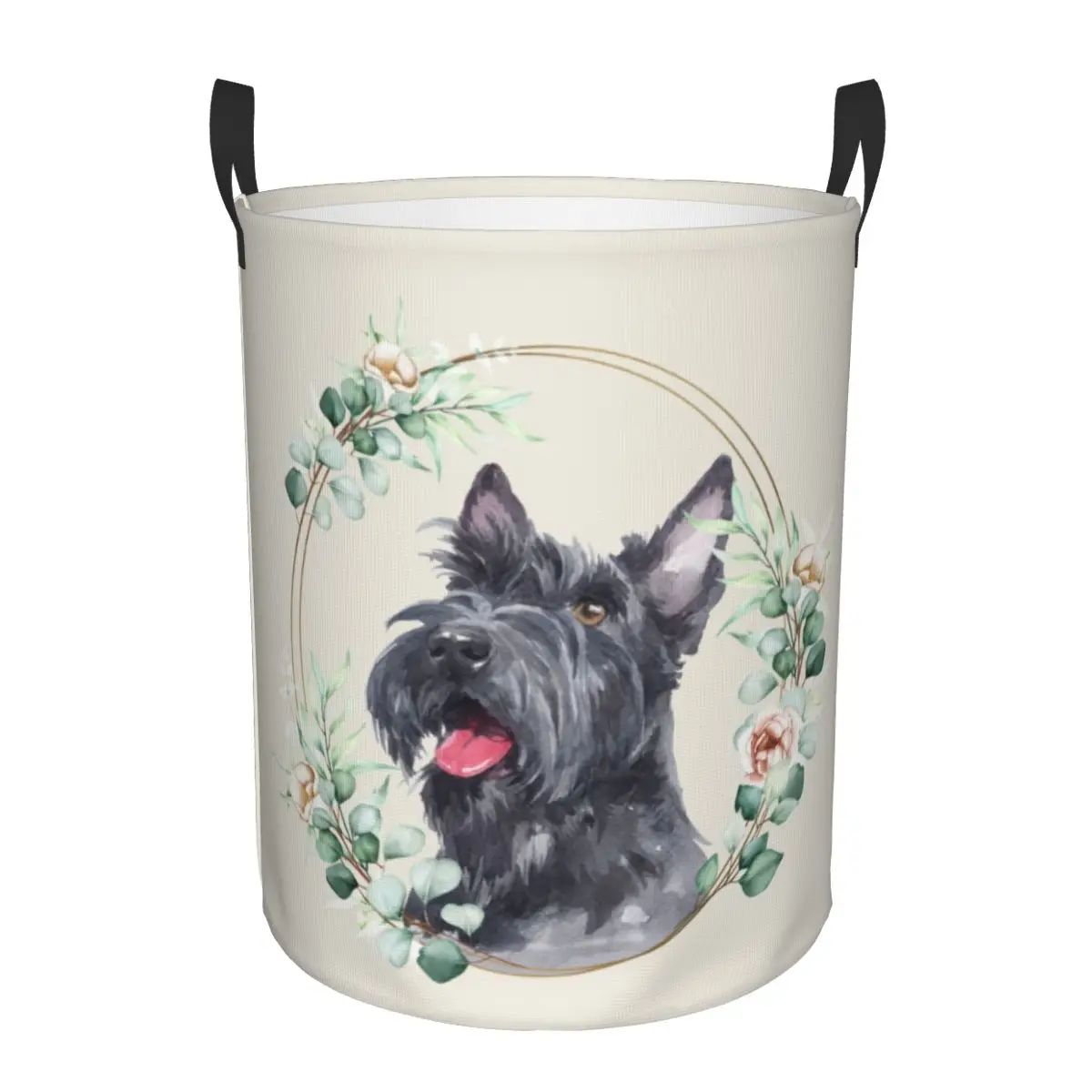 Custom Scottish Terrier Dog In Floral Gold Wreath Laundry Basket Scottie Pet Lover Clothes Hamper Kids Toys Storage Bin