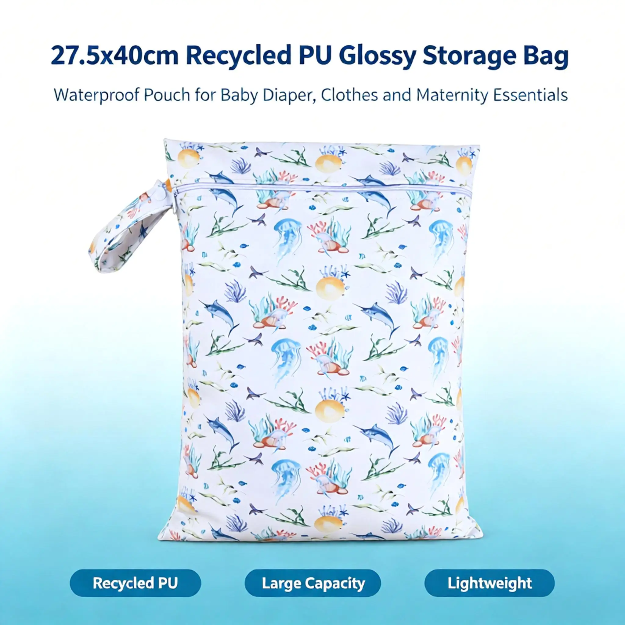 Solid Color PU Glossy Wet Dry Bag 27.5x40cm Waterproof Large Capacity With Snap Handle Maternity Storage Pouch For Baby Diaper