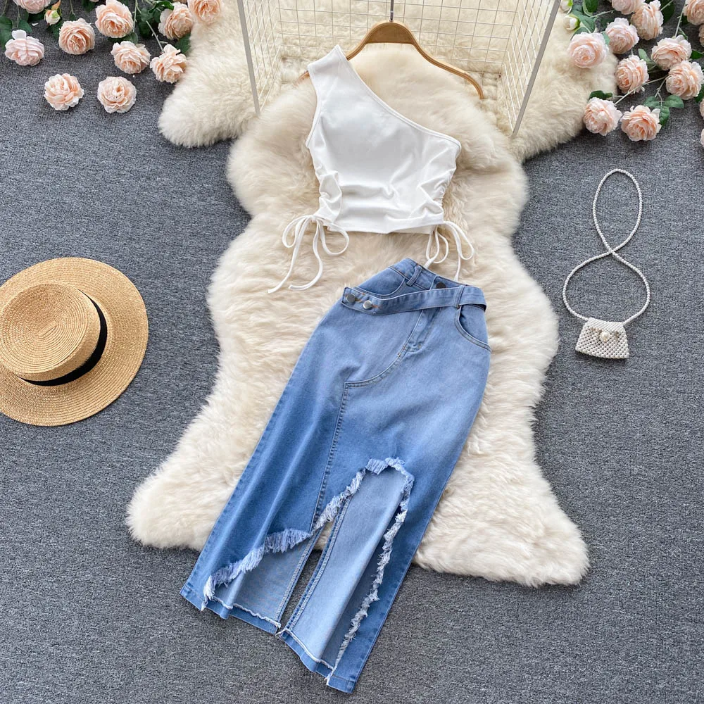 Women Denim Skirts 2pcs Suits Women Skew Collar Drawstring Tops+Irregularity High Waist Tassel Split Jeans Skirt Clothing Suit