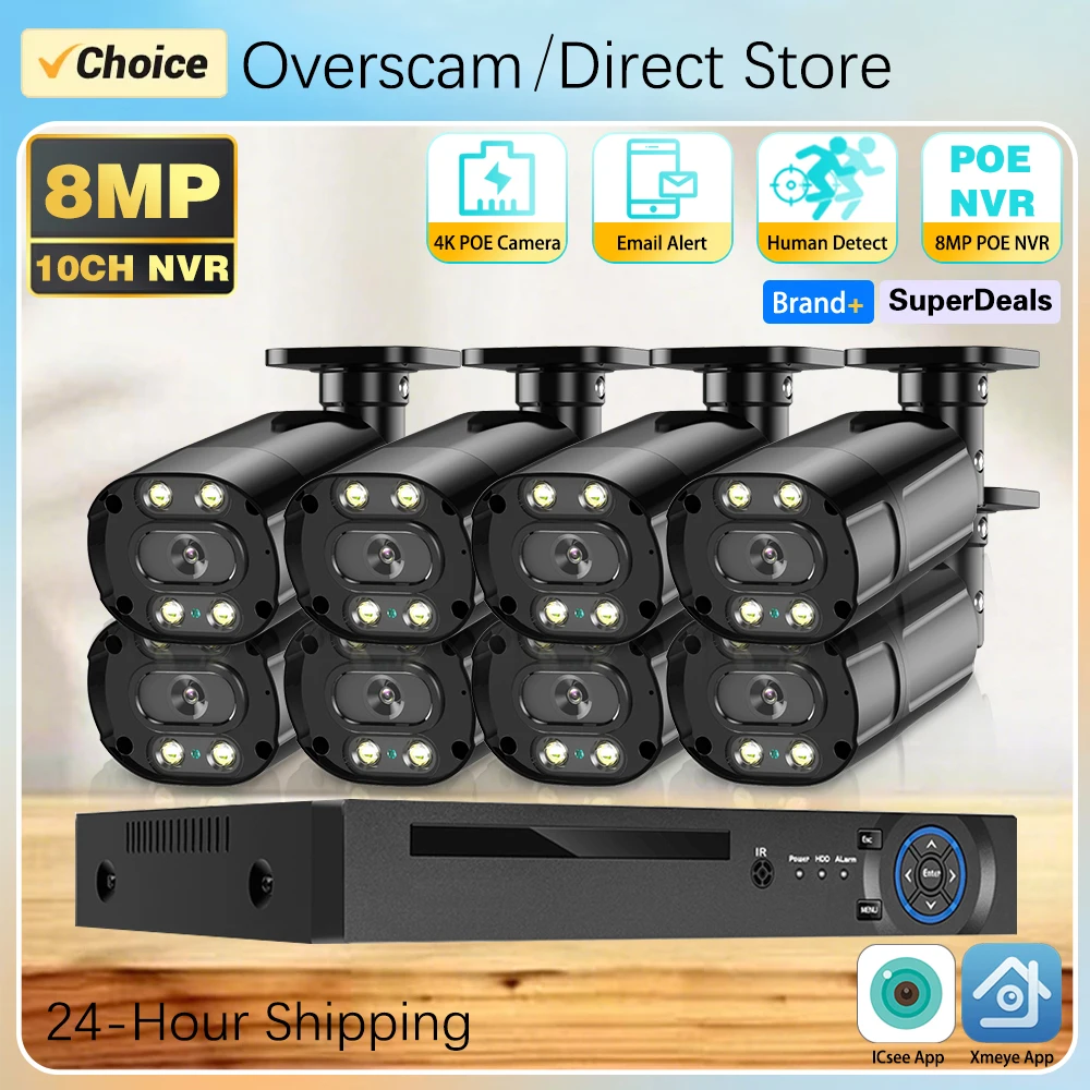 

Новая система видеонаблюдения 4K, 8 МП, с двусторонней аудиосвязью, динамиком, PoE NVR, ИИ, цветным ночным видением, для дома и улицы