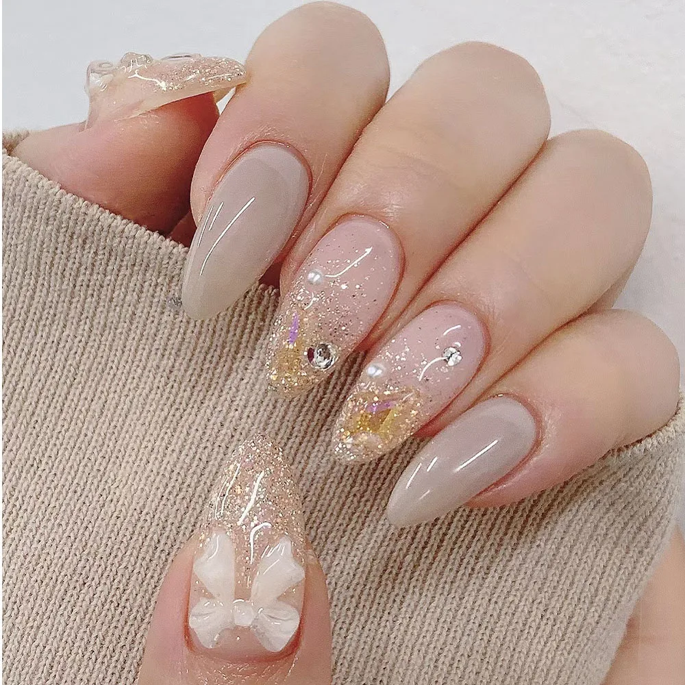 24pcs mid-length almond nail shining powder tip nail detachable reusable press nail nail full coverage design to enhance tempera