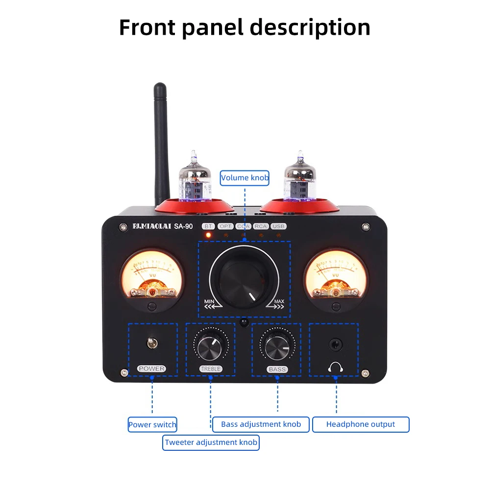 PJ. MIAOLAI SA-90 NE5532 Bluetooth Amplifier GE5654 Tube Power Amplifier 80W×2 USB RCA HiFi Headset Amplifier With Dual VU Meter