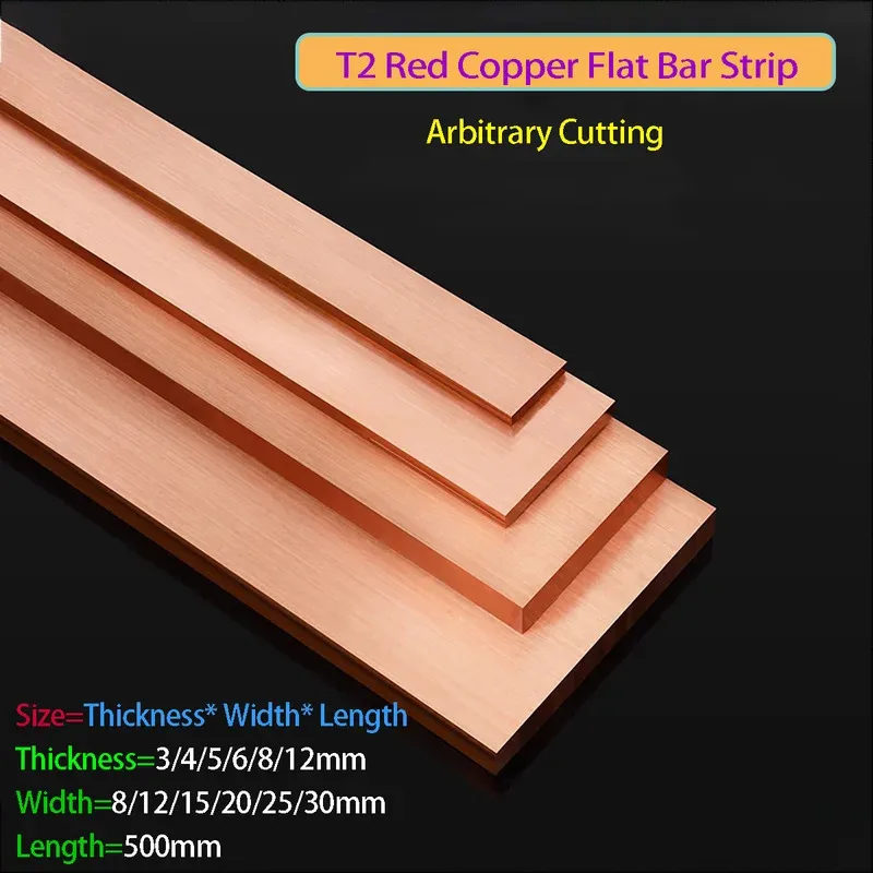 T2 Red Copper Flat Bar 3-12mm Thick Pure Copper Strip Plate CNC DIY Material Customizable