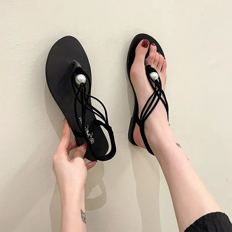 Women\'s Shoes with Low Heels Summer 2024 Diamond Footwear Pvc Plastic Sandals for Woman Flip-flops Black Rhinestones Sandal F H