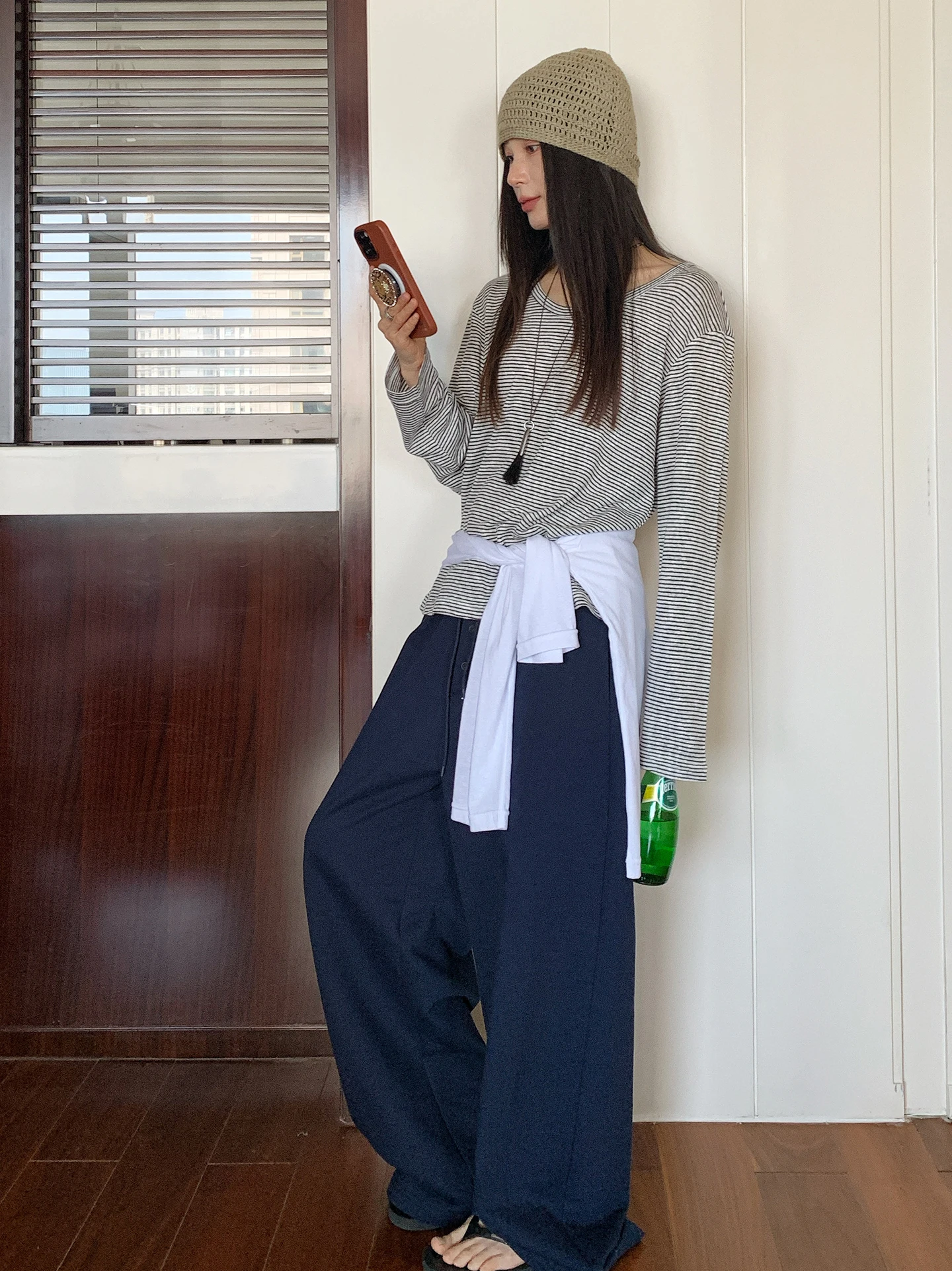 

7AM10PM Linen Stripe Knitted Long Sleeve T-Shirt Women Summer Air Conditioned Loose Casual round Neck Top