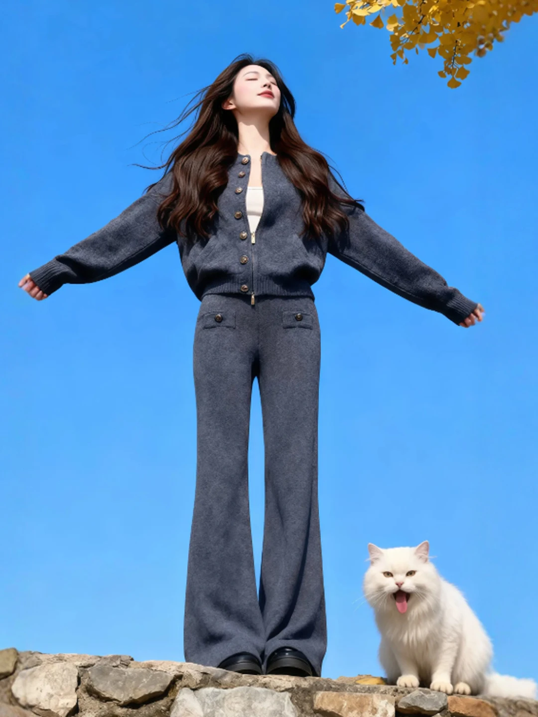 

Korean Style Lazy Fashion Casual Cardigan Wide Leg Pants Two Piece Set Spring 2026 Comfortable High Waist Cotton Blend