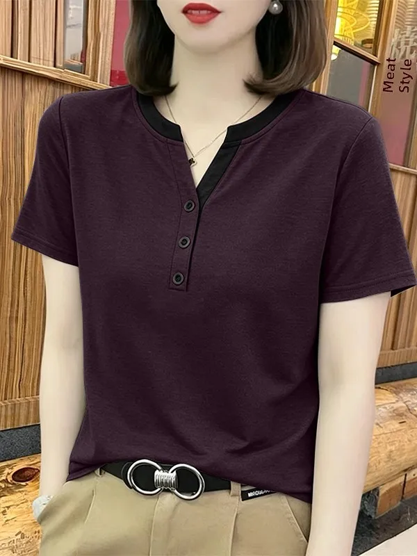 2026 New Style Color Block Button V-Neck Short Sleeve T-Shirt Women's Loose plus Size Versatile Slimming Fashionable Summer Top