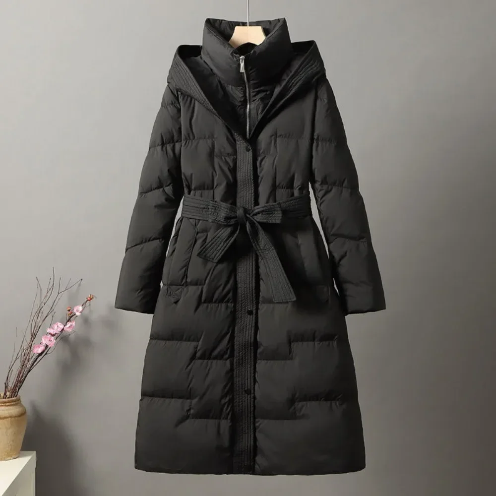 2024 New Winter Women White Duck Down Long Jacket With Belt Female Thick Warm Coat Luxury Slim Parka Hooded Outerwear