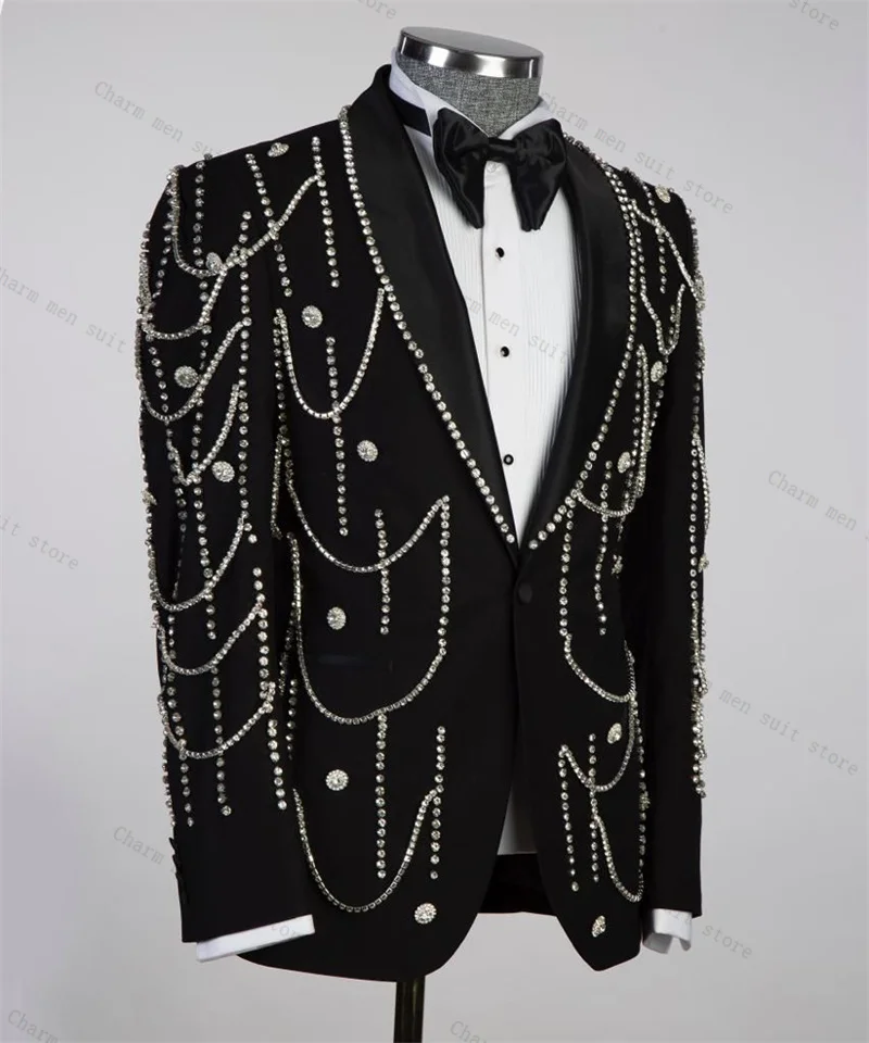 بلورات فاخرة الرجال الدعاوى مجموعة 2 قطع سترة سوداء + السراويل بنطلون الزفاف البدلات الرسمية مكتب القطن العريس حفلة موسيقية سترة معطف