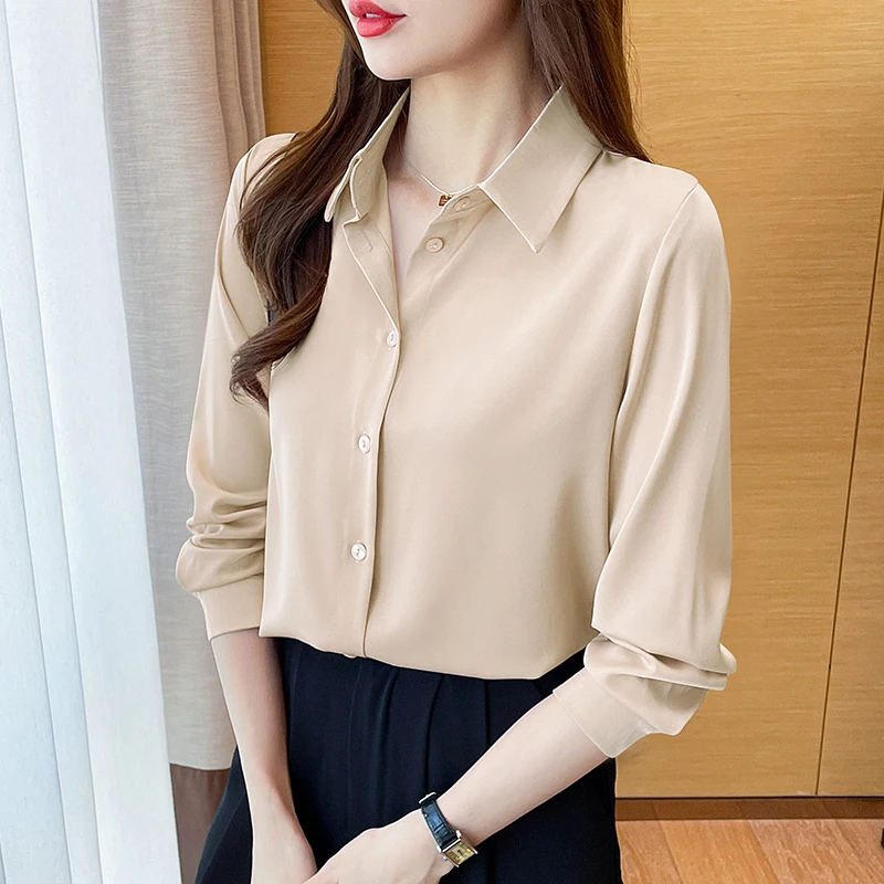 #3253 Lente Satijn Shirts Vrouwen Effen Kleur Elegant Chiffon Lange Mouw Shirt Dames Slank Frankrijk Stijl Dunne Regular Fit Blouse