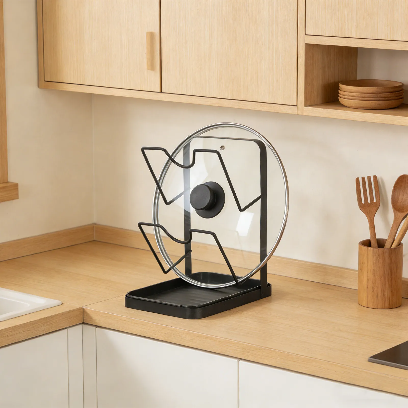 

Подставка для хранения крышек от кастрюль и сковородок с антипригарным покрытием, легко моется, универсальная, для организации на столешнице