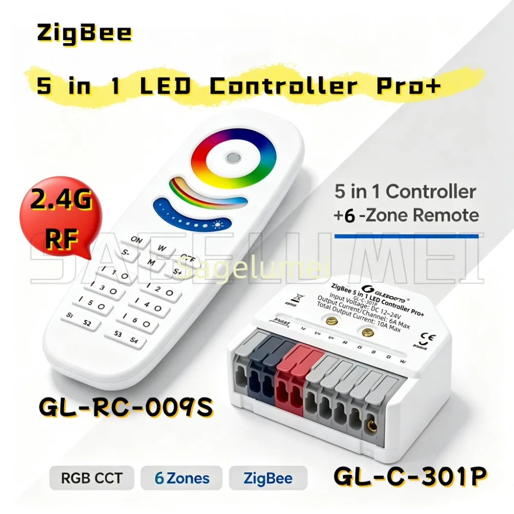 Zigbee Pro+ 5 in 1 LED Strip Controller 10A Max RGBCCT/RGBW/RGB/CCT/Dimmer Alexa Tuya Smart APP Voice RF Remote Control GLEDOPTO
