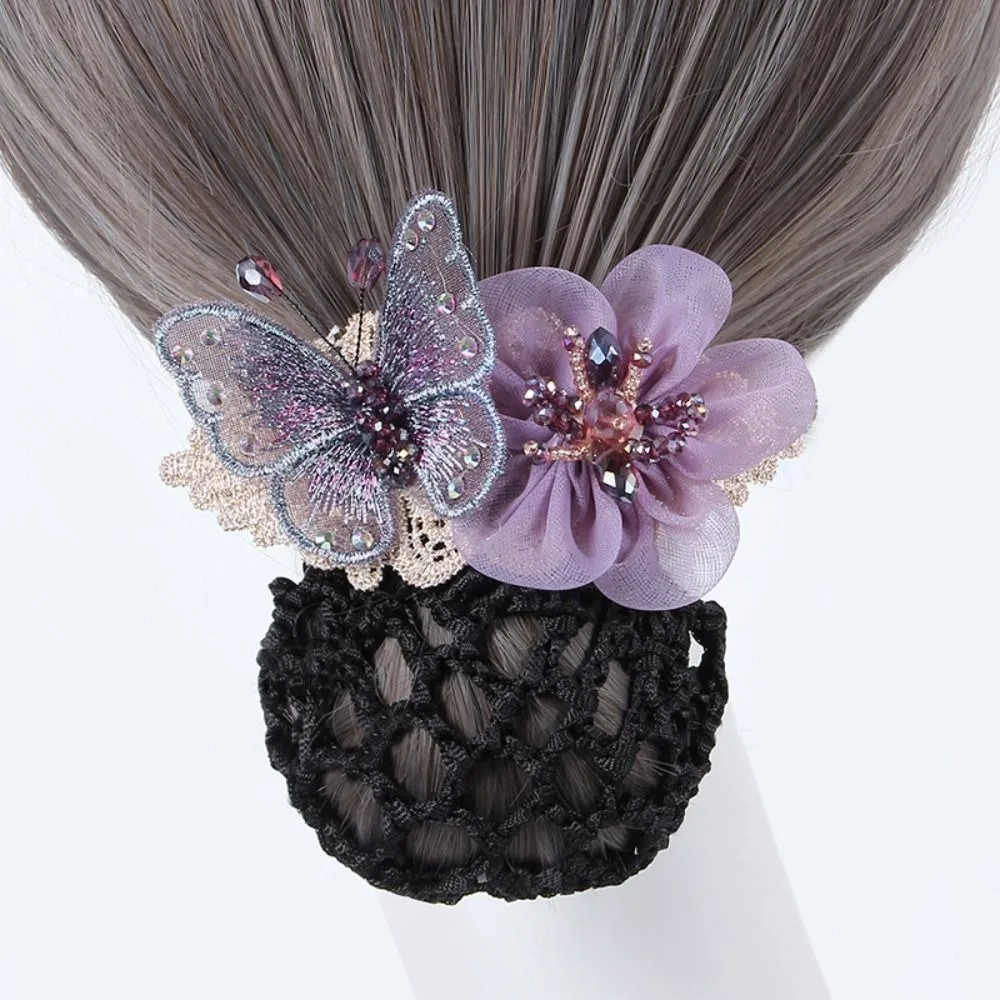 Fashion Butterfly Headdress Elegant Retro Women Hairpin Bank Clerk Hair Accessories Flower Crystal Hair Net