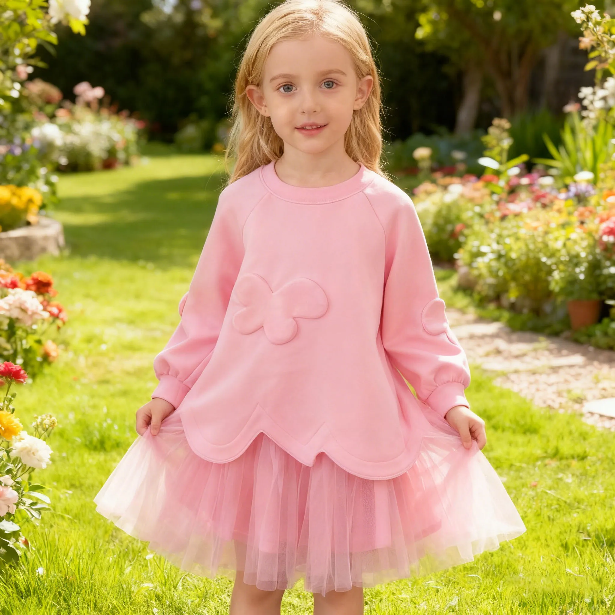 

Tender Girl Dress Pink Long Sleeve Kids Princess Dress Casual Loose Patchwork Tulle Butterfly Birthday Children Daily Clothes