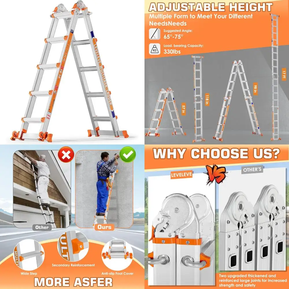 Escalera telescópica multiposición de estructura en A de 17 pies con estabilizador y ruedas, capacidad de carga de 330 libras para uso doméstico y de escaleras