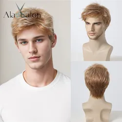 ALAN EATON Mixed Light Brown Men Wig Short Straight Natural Wigs Blonde Highlight Pixie Cut Hair Synthetic Wig for Daily Party