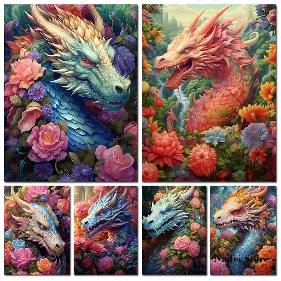 5D Diamond Painting Flowers Myth Dragon Full Drill Diamond Mosaic Fantasy Animal Embroidery Kits DIY 2023 New Home Decor