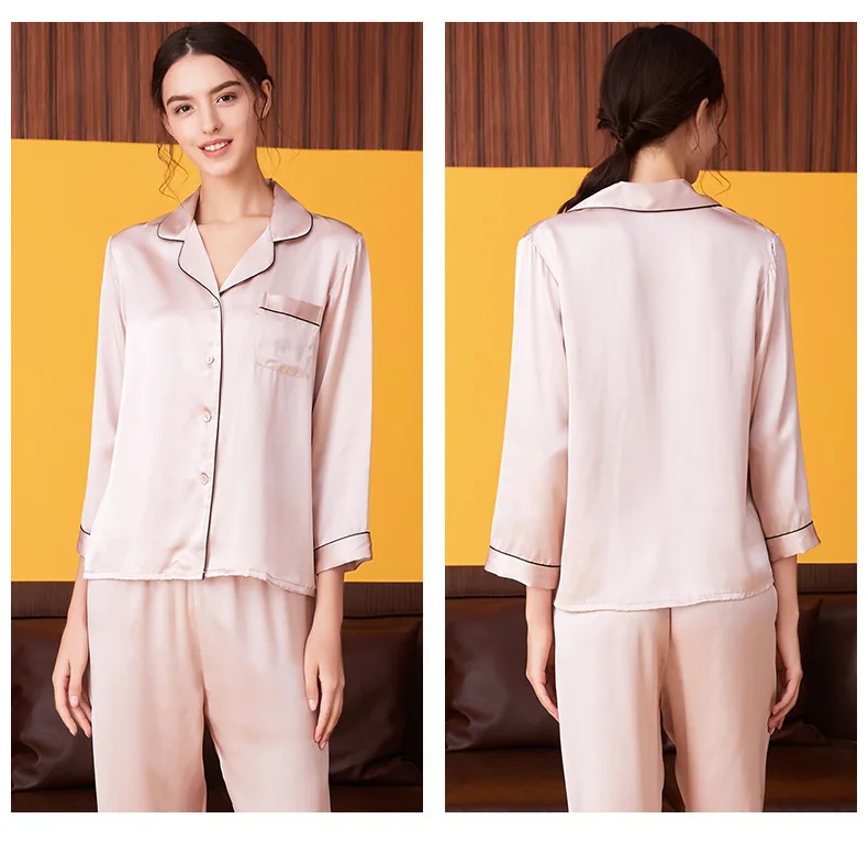 100% Mulberry Silk Pajama Set for Women, Long Sleeve Fall Winter 2-Piece Sleepwear, Classic Lapel Casual Loungewear with Pants,