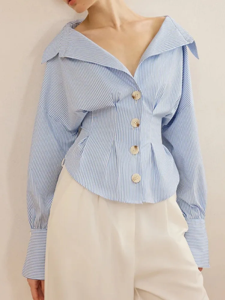 

Bonboho 2026 Spring Women's Elegant Striped Shirt Wide Collar Waist-Cinched Long Sleeve Office Daily Shirt Buttoned Blouse