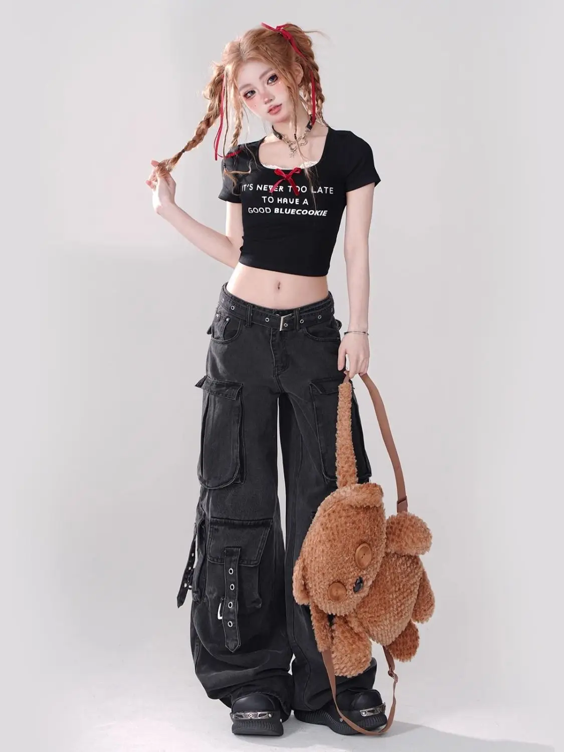 Y2K Black Cargo Pants for Women Straight Leg Jean Edgy Style Pocket Trousers Streetwear 2000s Aesthetic Grunge Pants Pantalones