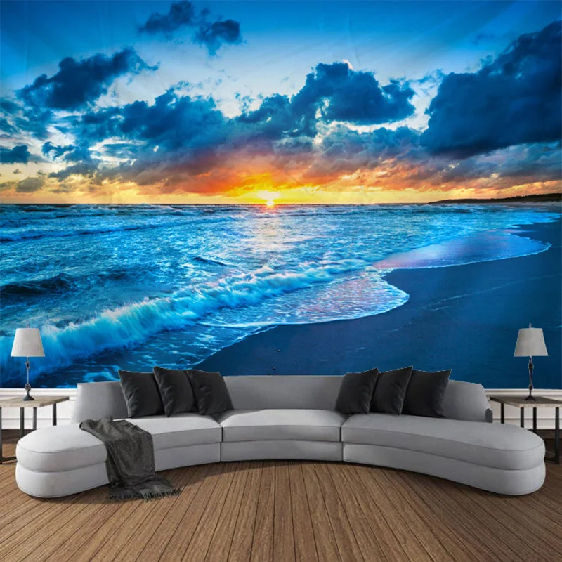 Beach and Sunset Landscape Tapestry Ocean Scenery Tapestries Blue Hawaii Sea Wall Covering Holiday Living Room Decor Wall Cloth