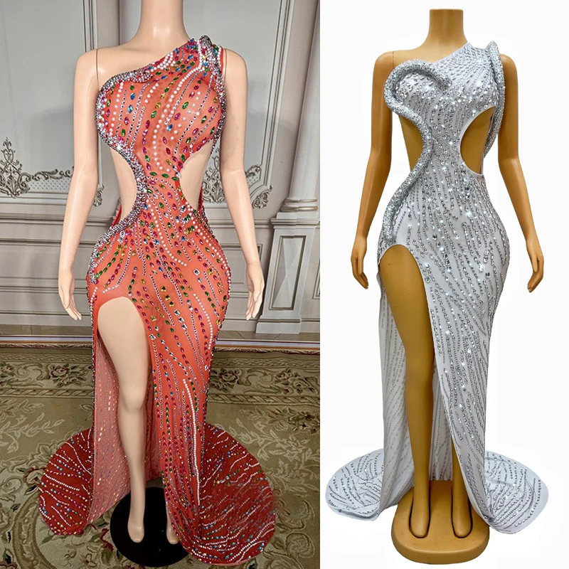 Fashion Women Singer Stage Catwalk Outfit Colorful Full Rhinestones Party Gown Sexy Cutout Performance Evening Dress XS8453