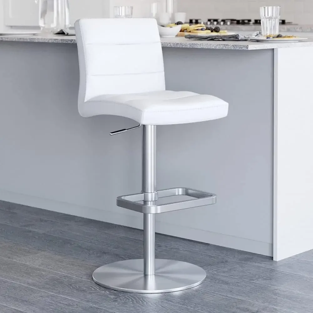 

ZURI Modern Adjustable Height White Lush Bar Stool with Brushed Round Flat Base Counter Stool 19"D X 16.5"W X 41"H