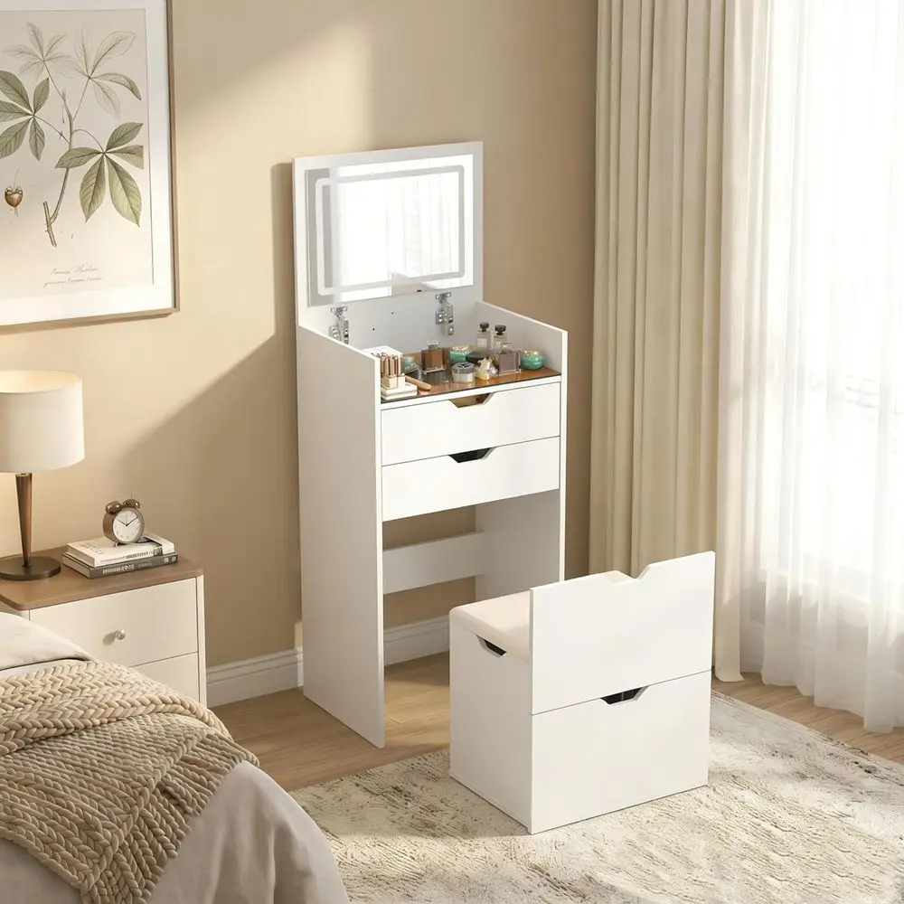 3-in-1 Vanity Set with Mirror, Lights, and Storage for Makeup Desk in Bedroom or Cloakroom, White